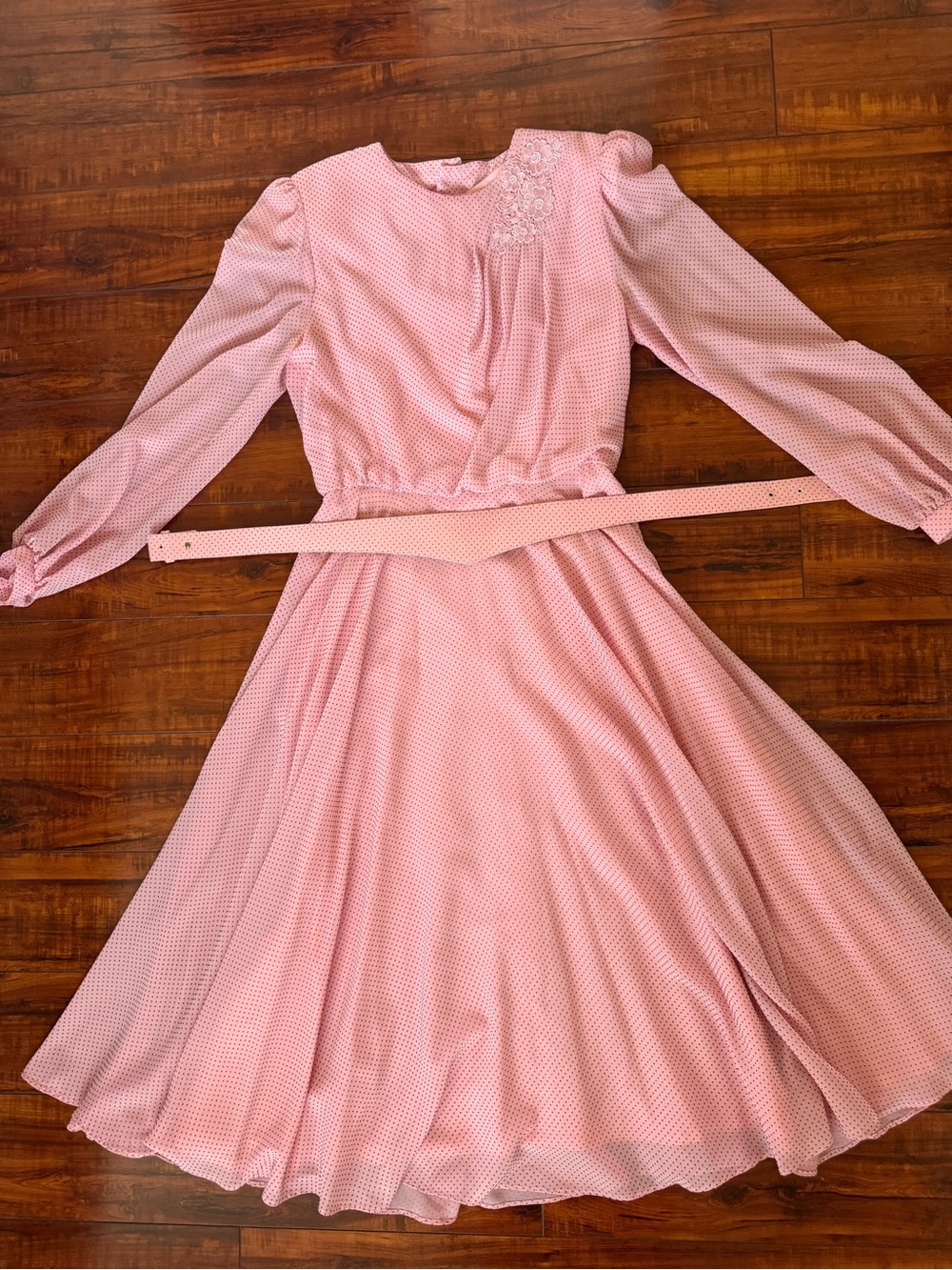 Vintage Lamballe Contemporary Pastel Pink Polka Dot Rosette Appliqué Dress